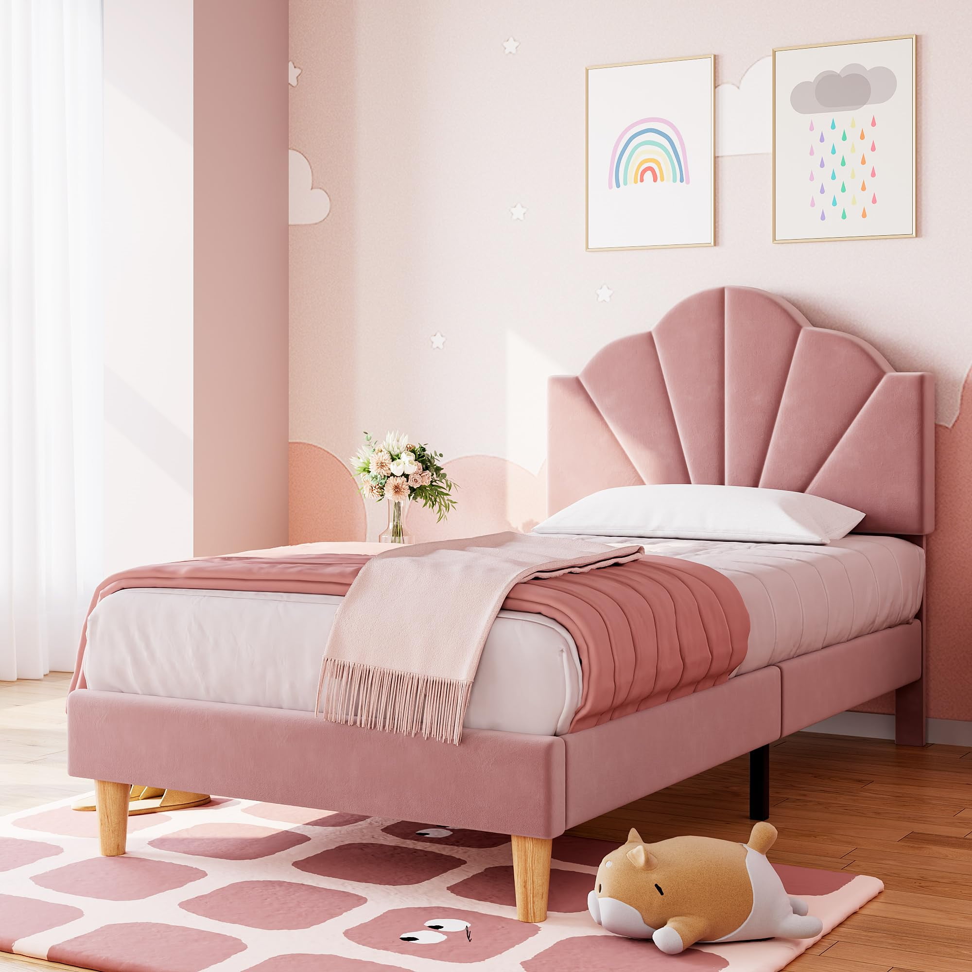 Jojoka Velvet Upholstered Twin Size Bed Frame with Adjustable Headboard, Cute Platform with Strong Wooden Slats Support, No Box Spring Needed, Easy Assembly, for Boys & Girls, Pink