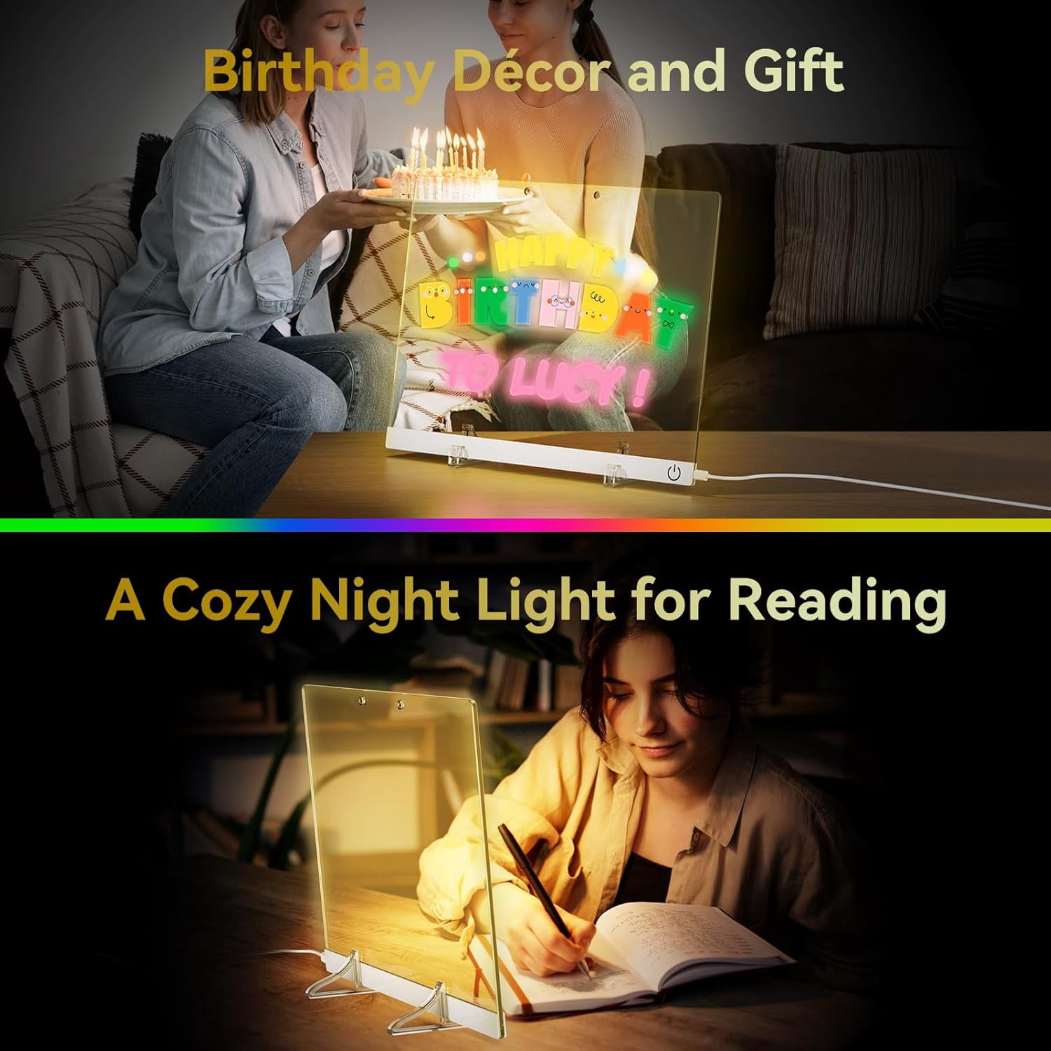 15.74"x11.8" Acrylic Dry Erase Board Calendar with Light, LED Note Board with 6-Color Neon Glow Memo Monthly Planning Board for Gift/Room/Office/Wall with Stand, 7 Markers