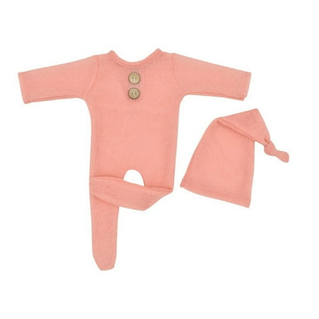 

Baby Photography Prop Footed Romper Button Knitted Overalls Knot Hat Set