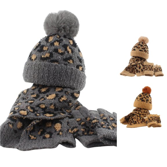 Inmuld Leopard Print Jacquard Pom Pom Beanie Long Scarf and Touch Screen Glove 3 Piece Kids Winter Accessory Set 1-6 Years,Dark Gray