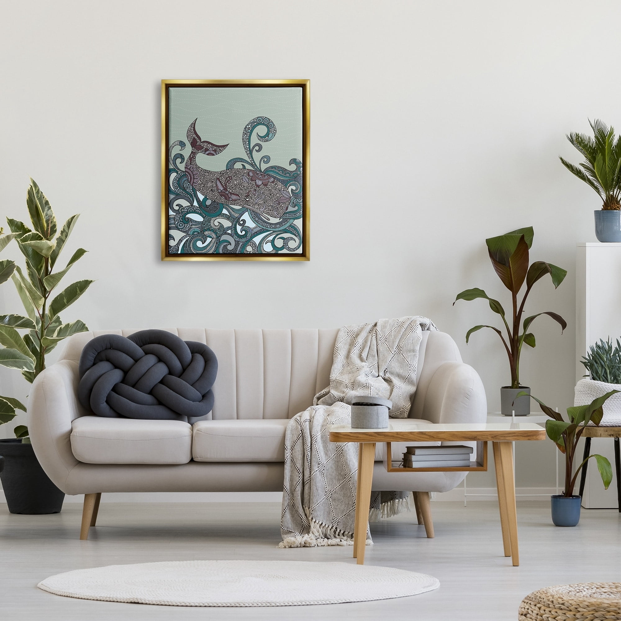 Stupell Industries Nautical Whale Surrounded Intricate Patterned Swirl Shapes Graphic Art Metallic Gold Floating Framed Canvas Print Wall Art, Design by Valentina Harper