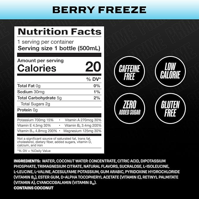 Prime Hydration Sports Drink Berry Freeze,Future Freeze & Cherry Freeze VARIETY PACK, Electrolyte Enhanced,250mg BCAAs,Antioxidants,Low Sugar, 16.9 FL OZ (6 PACK)