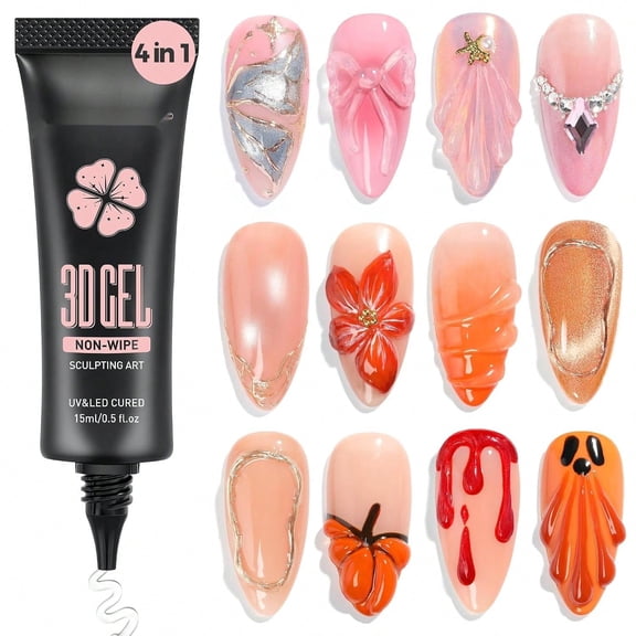 3D Gel Nail Art: 3D Nail Sculpting Gel, 15g 4 in 1 Molding, Drawing, Chrome Powder, Rhinestone Charms Glue, No Wipe Clear for DIY Nail Art at Home, Lamp Curing Needed - 3D Nail Art Gel