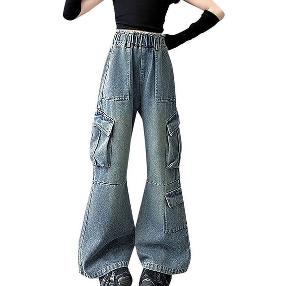 YunPes Girls Cargo Baggy Jeans Y2K Streetwear Oversized Distressed Denim Pants Multiple Pockets Cargos Flare Jeans Fashion Trousers