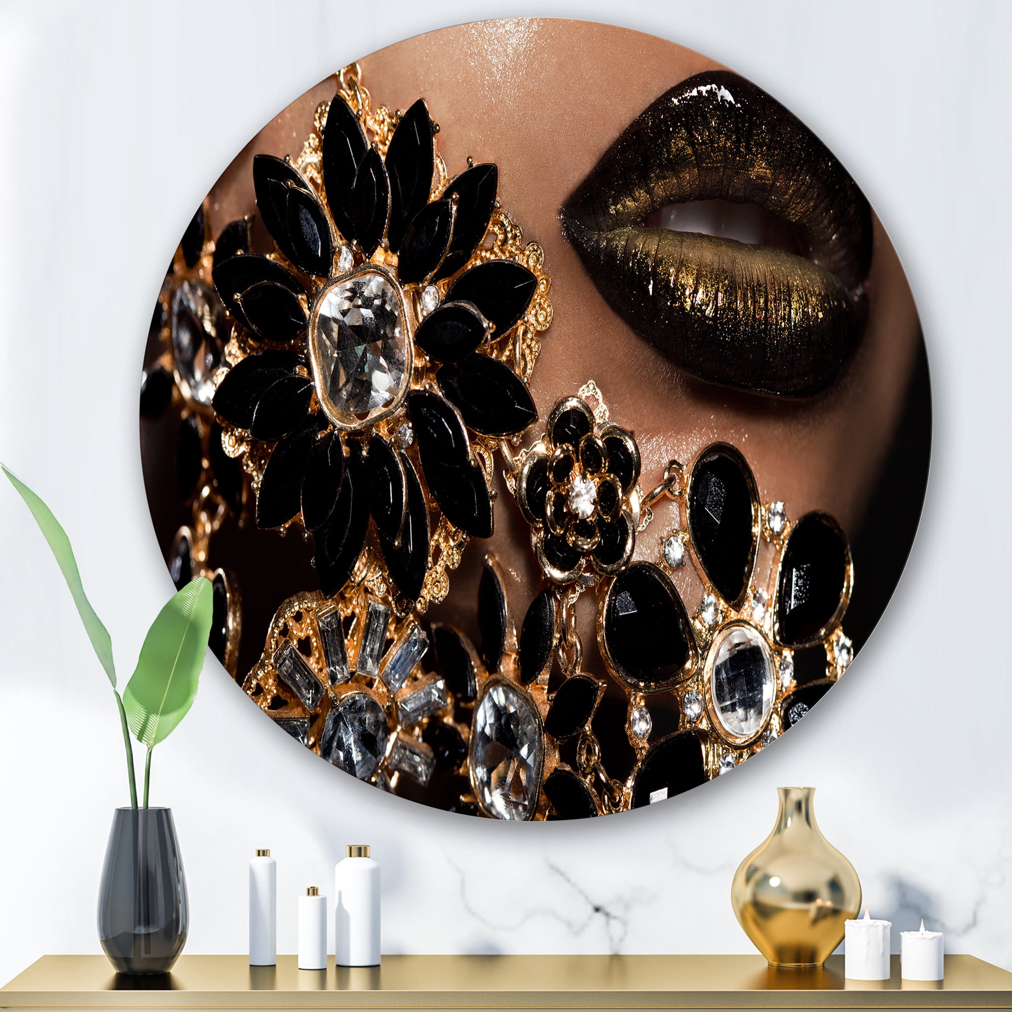 Designart 'Woman Lips With Golden Jewelry' Modern Circle Metal Wall Art 36x36 - Disc of 36