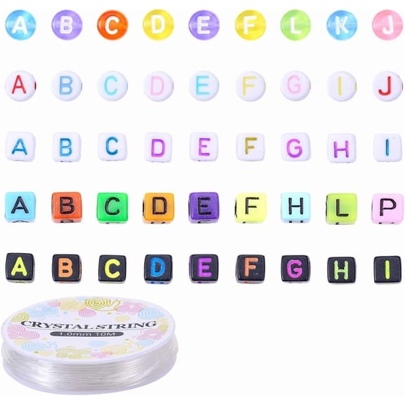 1000 Pcs Opaque Alphabet Acrylic Beads 5 Different Types of Oblate and Cube Letter Beads with 1 Roll Elastic Threads for Handmade Gift Bracelet Necklace Jewelry Making Mixed Color Multi-color