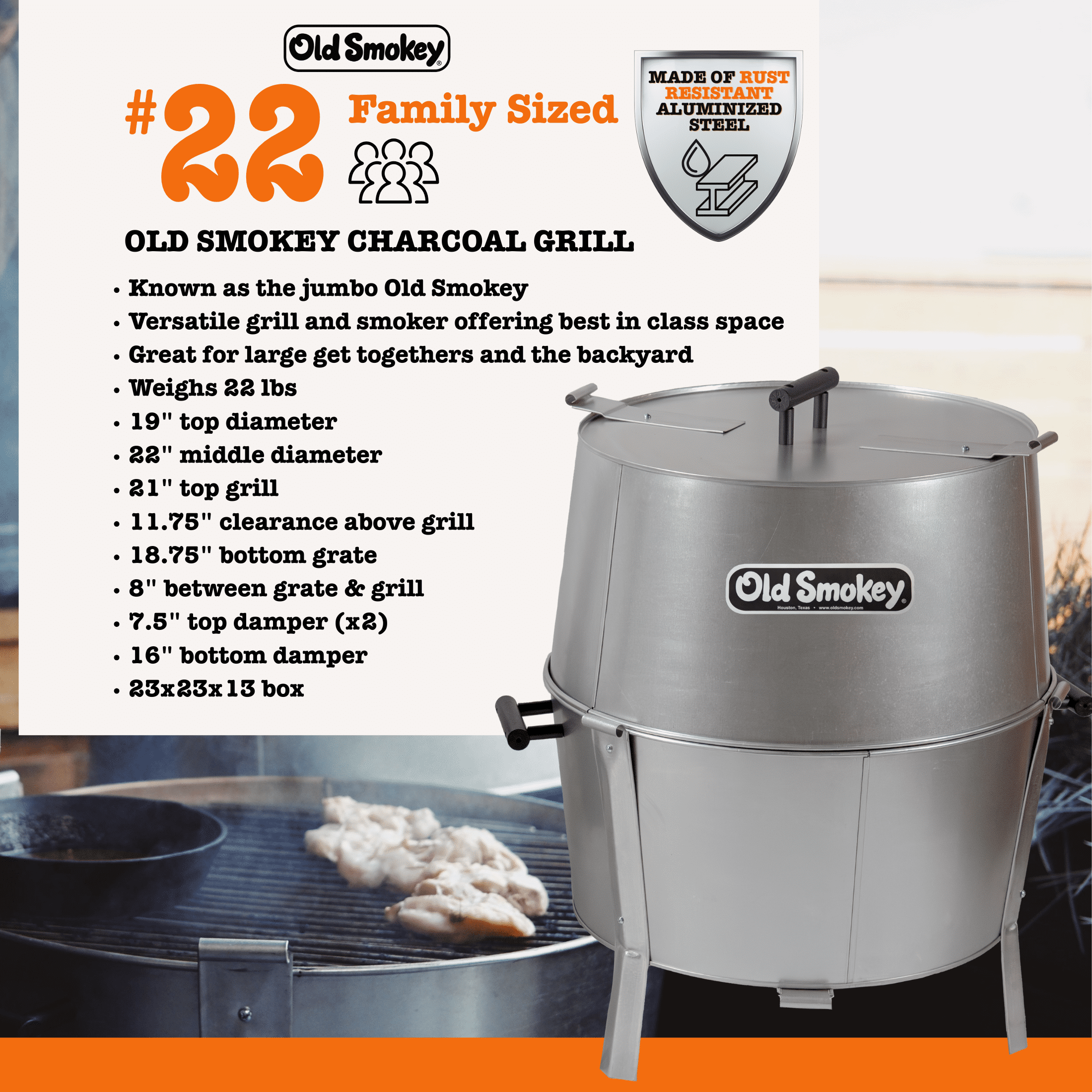 Old Smokey 22 Inch Portable Charcoal Grill, Durable Steel BBQ Grill