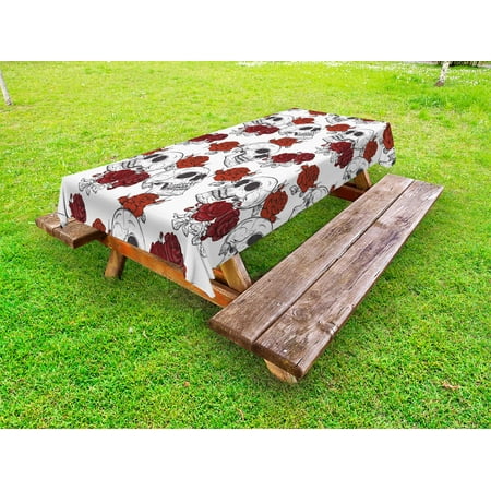 - Skull Outdoor Tablecloth, Retro Gothic Dead Head Skeleton Figures with Roses Halloween Theme Spooky Trippy Romantic, Decorative Washable Fabric Picnic Tablecloth, 58 X 120 Inches, Grey, by Ambesonne