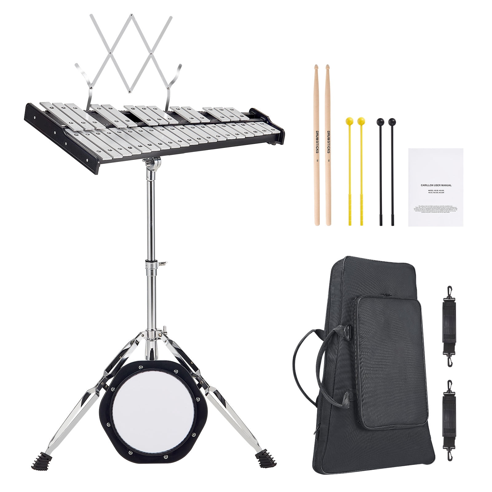 KFFKFF 32-Key Glockenspiel Bell Kit, Complete Percussion Set for Students & Adults with Mallets, Sticks, Sheet Music Holder, 8" Practice Pad, Height-Adjustable Stand & Portable Bag