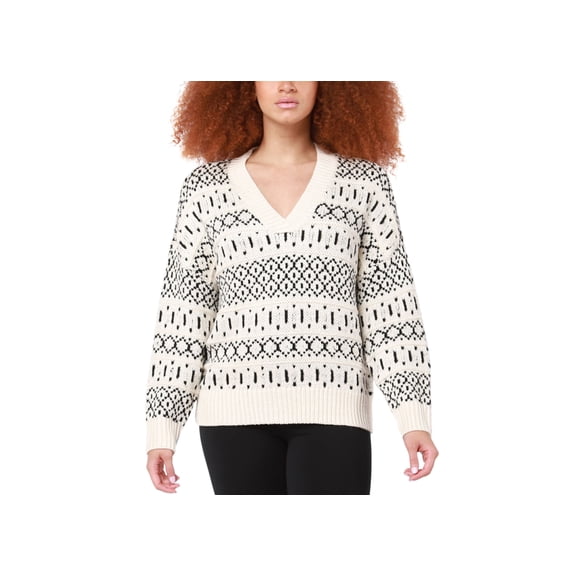 Petite V-Neck Intarsia-Knit Sweater Cream Black PL