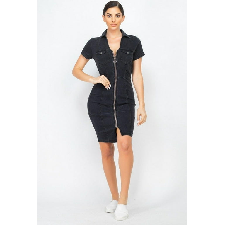 Black denim 2024 dress zipper front