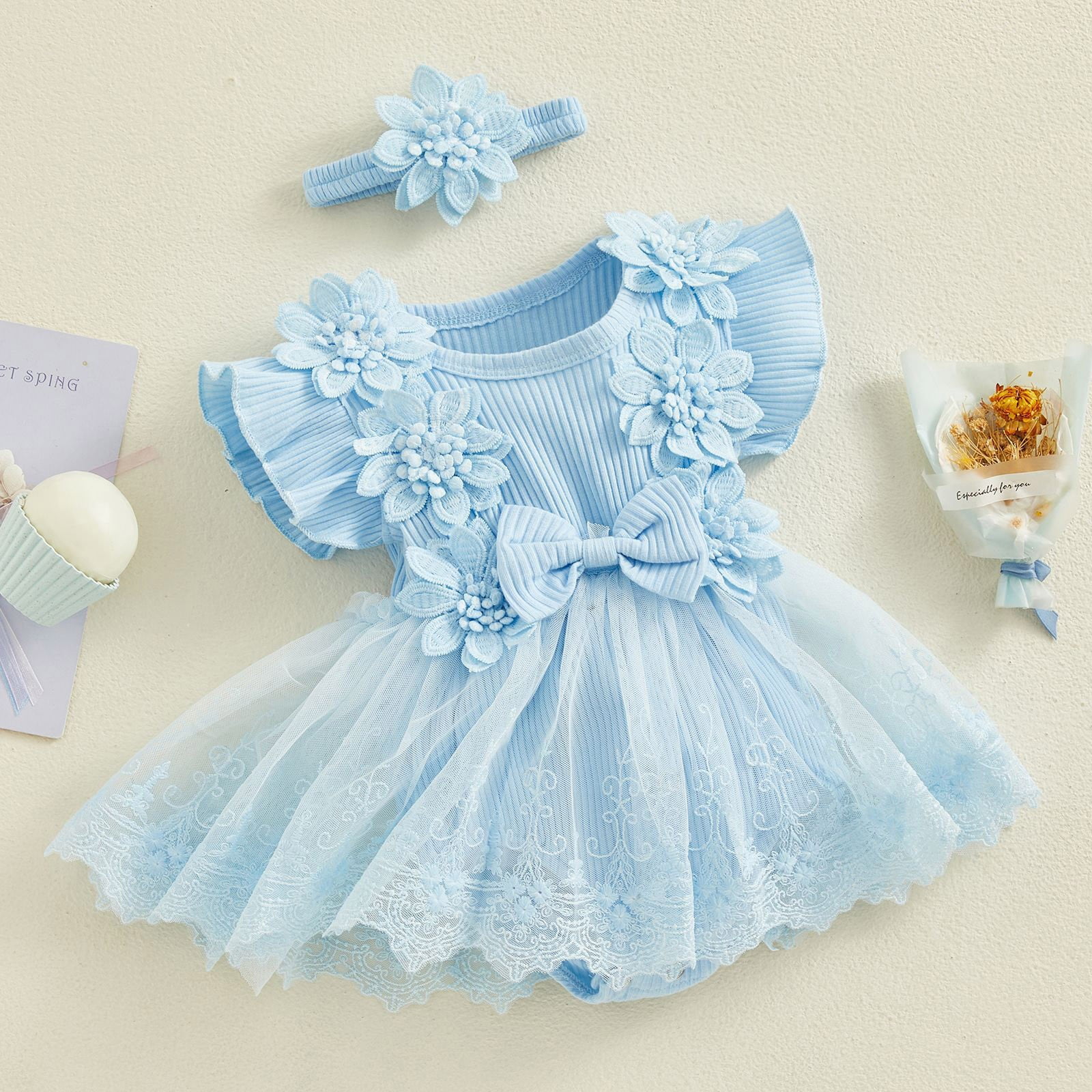 felwors Baby Girl Romper Dress Baby Dress Romper Flowers Lace Girl Spring Summer Clothes with Headband (0-3 Months, Blue)