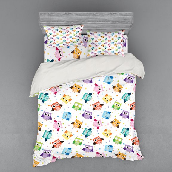 Ambesonne Cartoon Bedding Set 4 Pcs, Owls Face Expressions, Queen, Multicolor