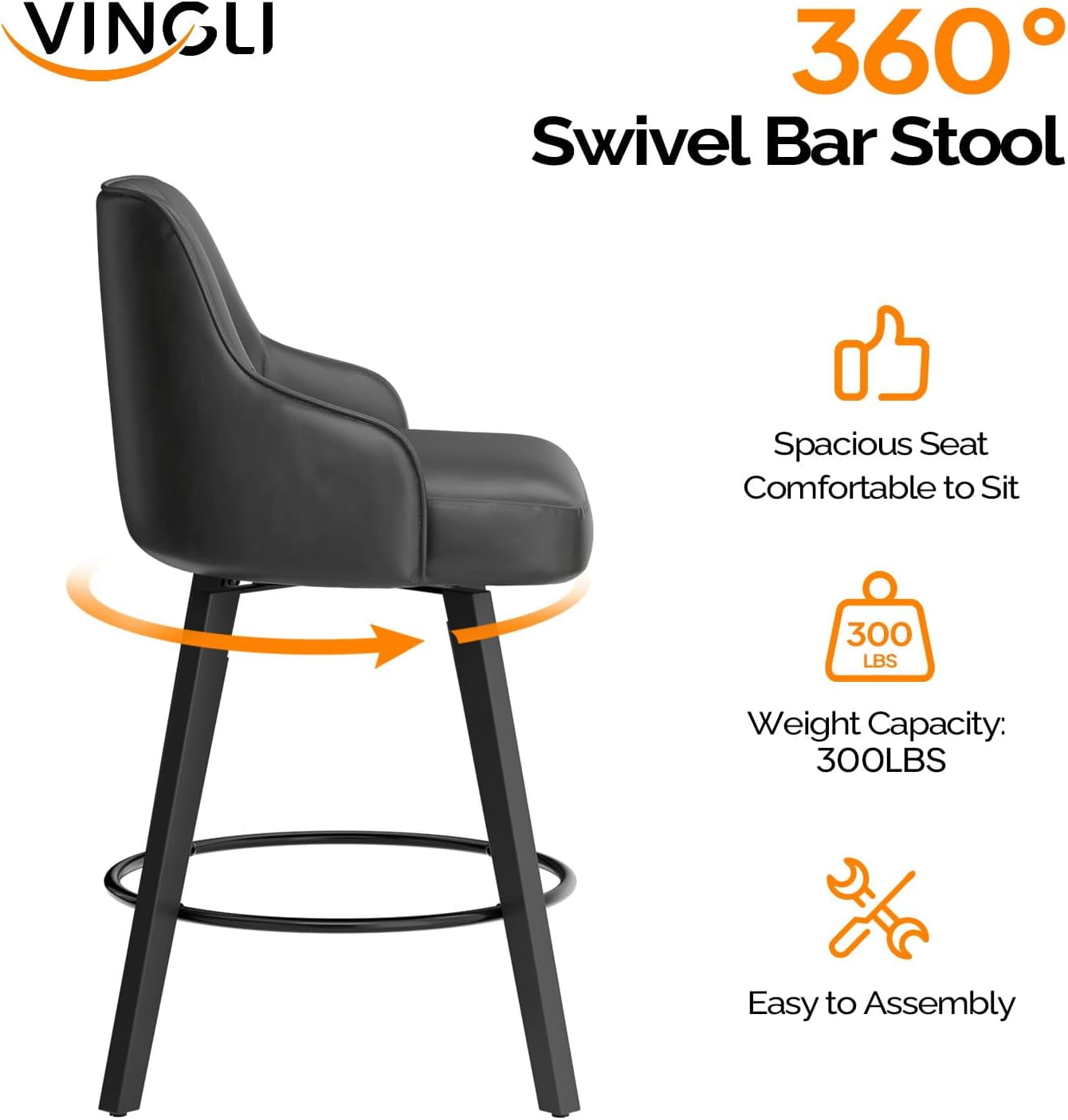 VINGLI 26" H Swivel Barstools Set of 2, PU Leather Upholstered Counter Stool with Back, Kitchen High Chairs Counter Height Bar stools with Cushion, Solid Wood Legs, Black