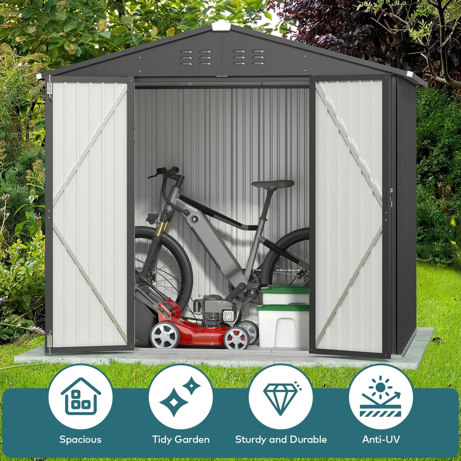 8x6 Outdoor Storage Clearance Shed, Galvanized Metal Garden Shed with Double Lockable Doors for Backyard Patio Lawn, Dark Grey