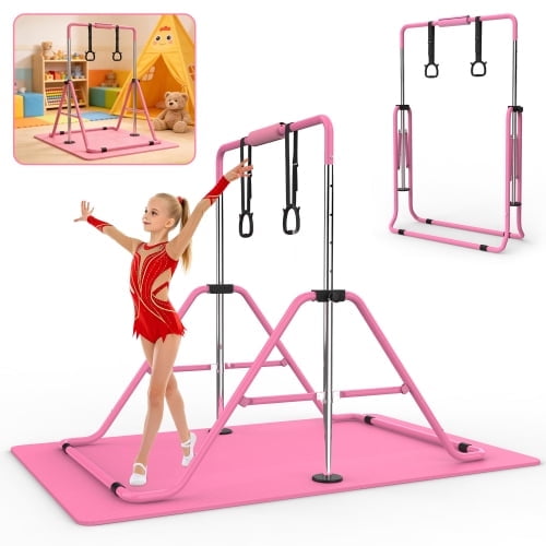 Cirui Gymnastics Bar for Kid,Foldable Horizontal Junior Gymnastics Equipment Bar with Mat,Adjustable Height Kids Gymnastics Bar for Home Gym,Pink