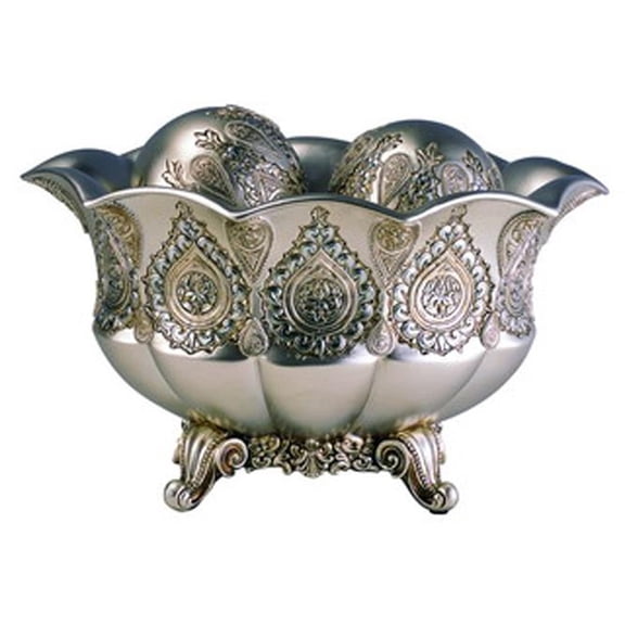 HomeRoots 7" Silver Scalloped Design Polyresin Decorative Bowl With Orbs