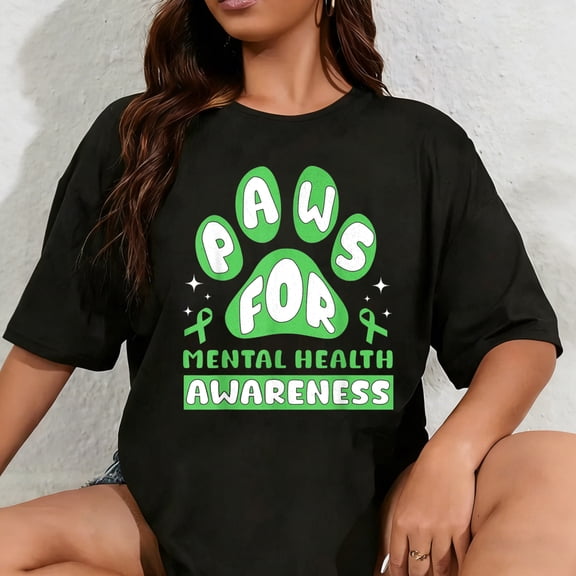 100% Cotton Unisex Vintage Mental Health Awareness Month Dog PAUSE Paws Pun T-Shirt
