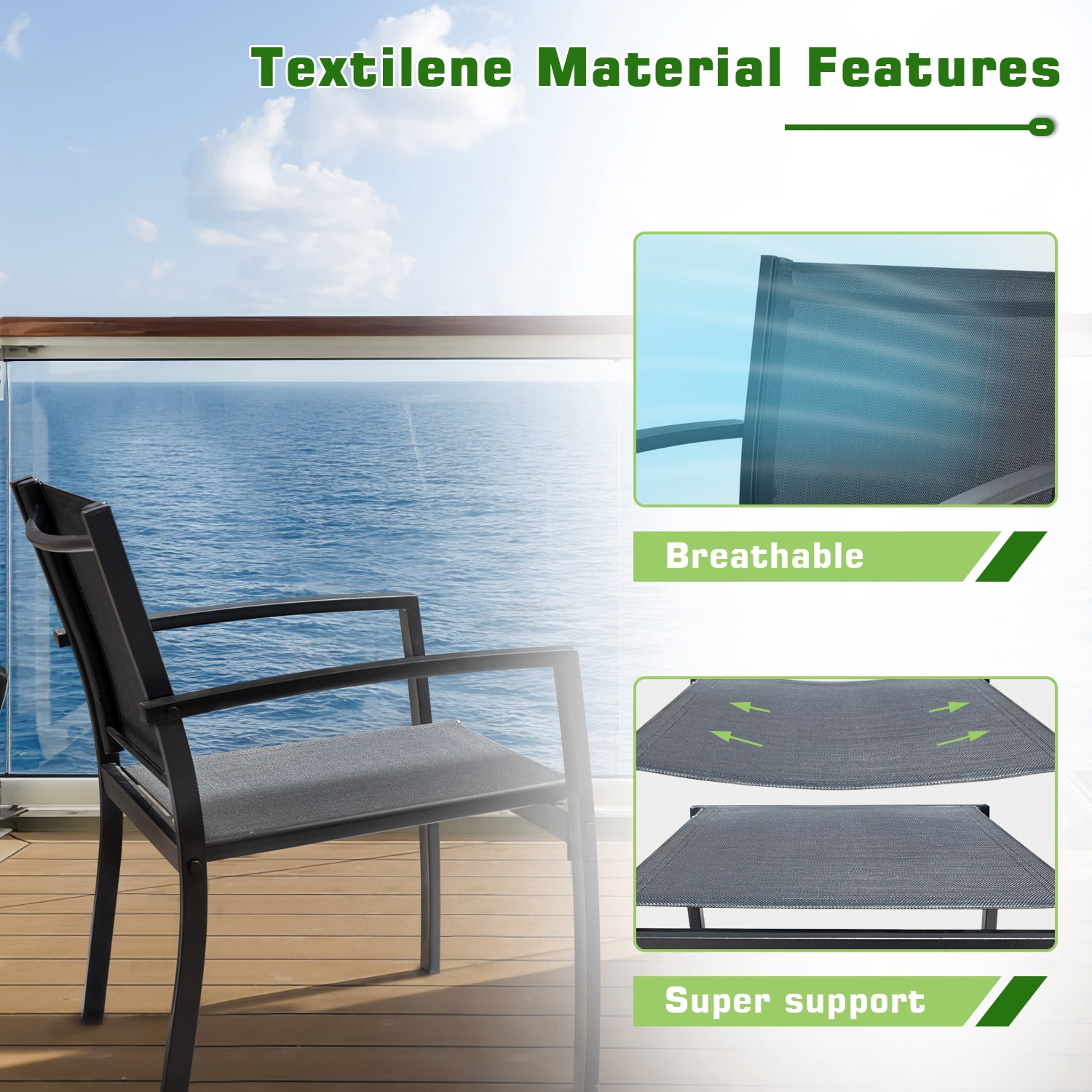 Devoko 3 Pieces Modern Outdoor Conversation  Patio  Furniture Sets Textilene Bistro, with Glassed Table Steel Frame, Black