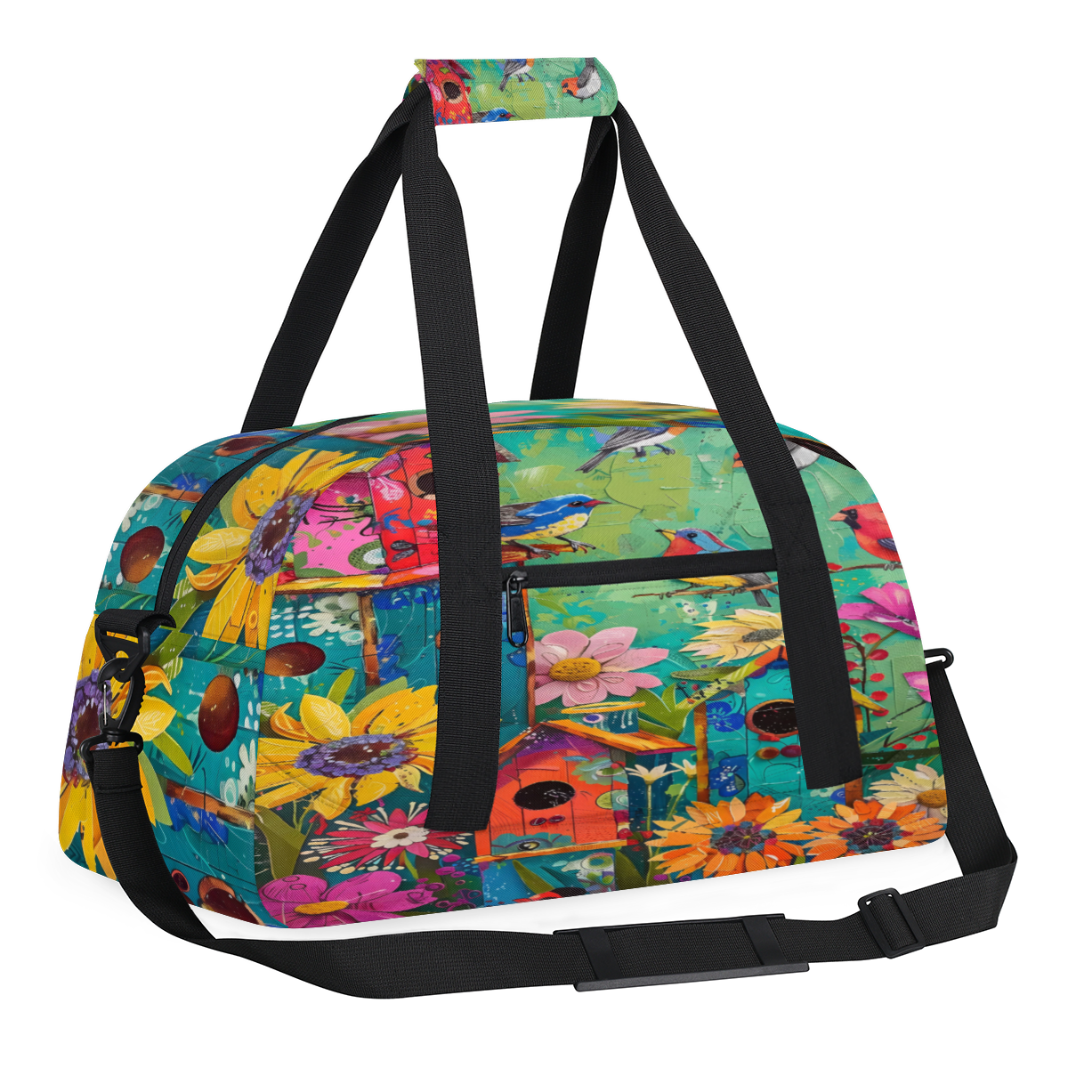 Herdesigns Sports Duffle Bags Travel Duffle Bag Gym Bag Colorful Birdhouses Garden Birds Weekender Travel Bag Waterproof Overnight Bag Carry On Travel Tote Bag Dance Bags