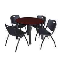 Kee 42" Round Breakroom Table- Mahogany/ Black & 4 'M' Stack Chairs- Black
