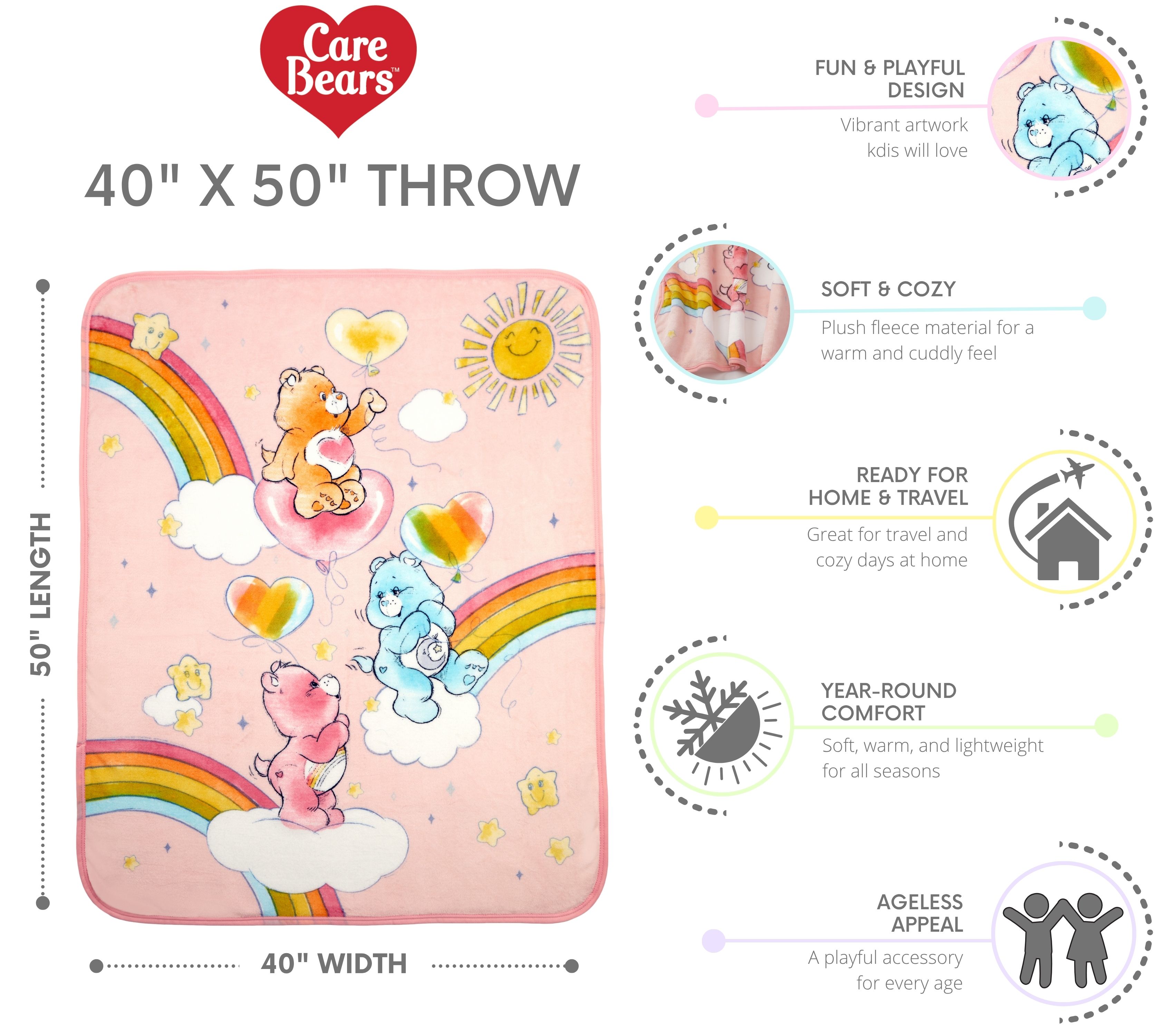 Care Bears Kids Pink Rainbows Silky Soft Throw Blanket, 40x50