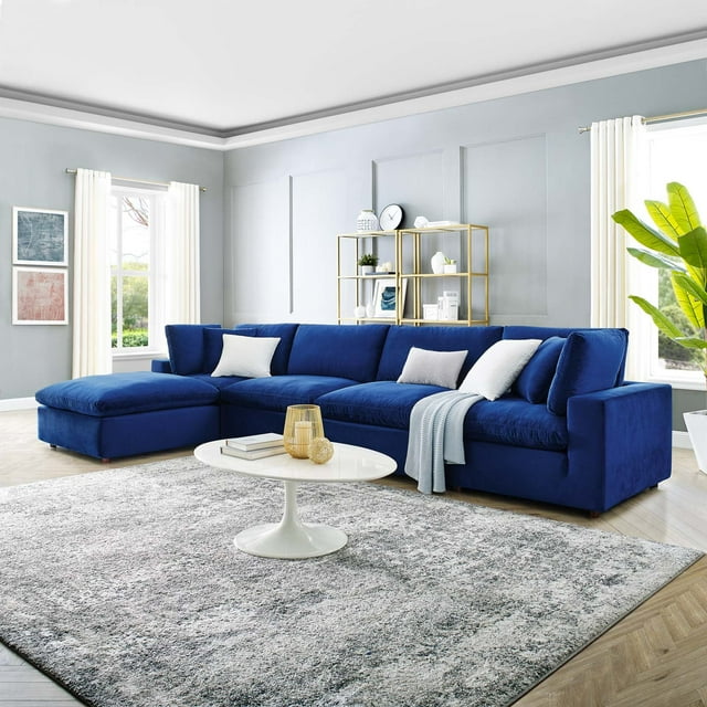 Modway Commix Canapé Sectionnel 5 Pcs Surrempli en Velours de Performance Garni de Duvet, Bleu Marine