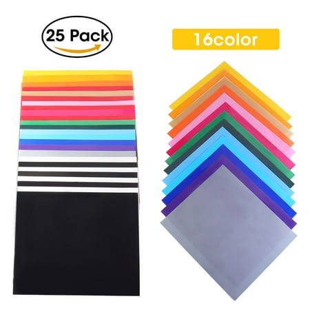 Heat Transfer Vinyl 25 Sheets, 16 Colors 12''x 10'', Heat Transfer Bundle Iron on HTV T Shirts, Hats, Clothing Heavy Duty Vinyl Silhouette Cameo, Cricut Heat Press Machine