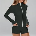 thumbnail image 5 of Domuza Women's 2 Piece Tracksuit Sets Long Sleeve Zip Up Tops and Shorts Casual Solid Color Yoga Suit Set Workout Oufit Jogger Loungewear Set Dark Green L, 5 of 7