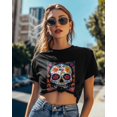 thumbnail image 4 of T Shirts for Women Short Sleeve Cotton Crewneck T-Shirt, Día De Muertos Skeleton Flower Tee Tops Casual Basic T-Shirts, XS-5XL Black XS, 4 of 7
