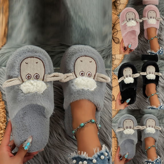 Bovxnpu Women's Warm Fuzzy Slippers Winter House Shoes, Women's Casual Winter Furry Strap Home Friendly Flat Slippers Comfy Soft Lightweight Indoor House Shoes