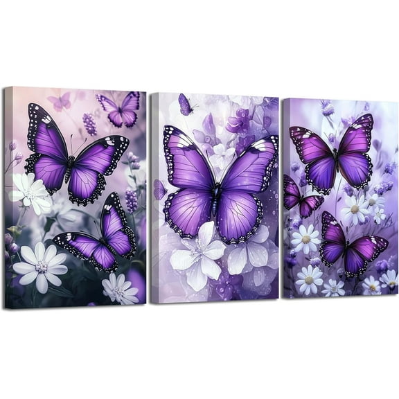 Hieng 3 Pieces Butterfly Wall Art Purple Butterfly Pictures Rustic Floral Canvas Prints Abstract Nature Insect Paintings for Girls Room Home Decor Unframed