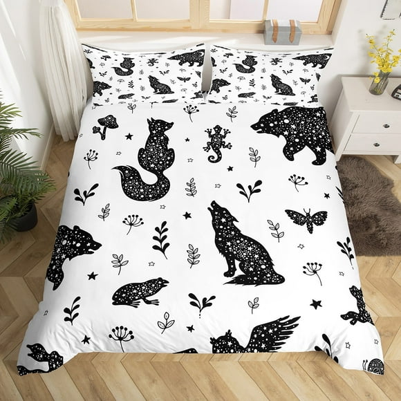 Kids Woodland Bedding Set King Cute Wolf Bear Frog Fox Comforter Cover For Boys Girls Black White Exotic Stars Moon Bed Set Animal Botanical Duvet Cover Candinavian Style Room Decor 2 Pillow Cases
