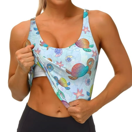 Qokaie Colorful Sea Turtle Pattern Womens Scoop Neck Sports Bra Breathable Workout Vest Padded U Back Medium Impact Fitness Gym Yoga Bra Workout Crop Top