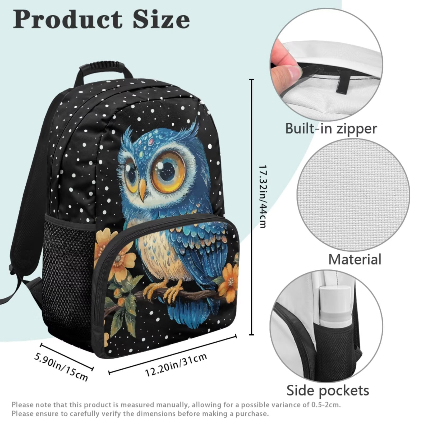 Pzuqiu Owl Print Back Pack for School Girls Set of 4 17 Inch Kids Backpack Lunch Bag with Pencil Box 2pcs Bookmark, Travel Rucksack Camping School Bag for Teens Christmas Gifts