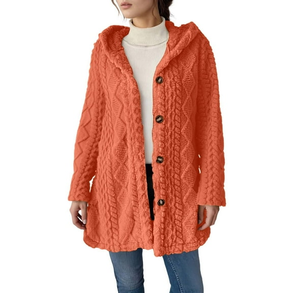 Bibifish Womens Coats Fuzzy Hooded Long Length Button Down Jackets Warm Thick Oversized Fit Casual Winter Daily Wear Comfortable Stylish Coats