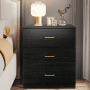 UHOMEPRO Nightstand, Modern 3 Drawer Nightstand, Black Nightstand with Gold Handle, Wooden Side Table Storage Cabinet Unit for Bedroom/Living Room/Small Space