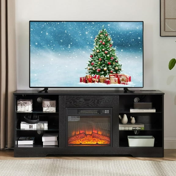 Fireplace TV Stand for TVs Up to 65 Inches, Media Entertainment Center with Electric Fireplace, Open Storage, Glass Shelves and LED Lights.Black