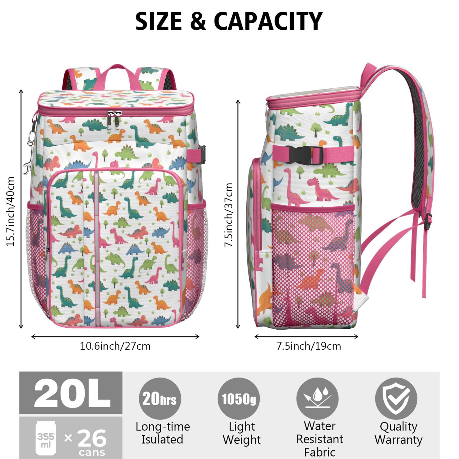Travel Cooler Bag - White Cartoon Dinosaurs Trees Pattern Camping Beer Cooler Backpack with Bottle Opener- Waterproof Insulated Picnic Backpacks - Cooler Bag for Beach