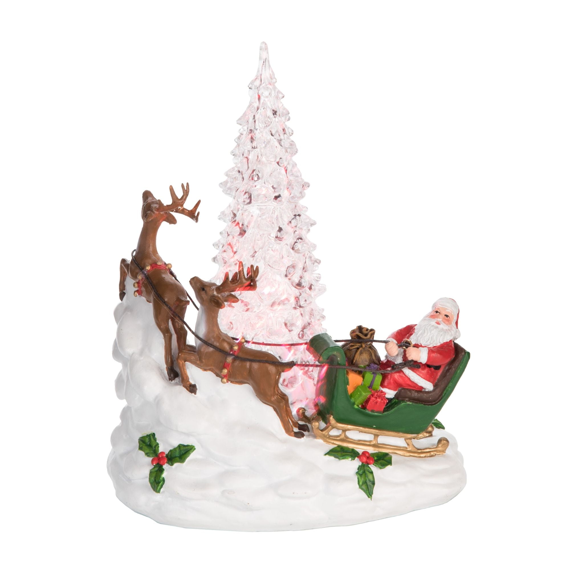 9" Green and White Lighted Santa Sleigh Tree Christmas Tabletop Decor