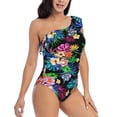 thumbnail image 3 of Sikiie Colorful Flowers Print Women One Piece Swimsuits Tummy Control One Shoulder Bathing Suits Ruffle Swimwear, From S to XXL-Large, 3 of 6