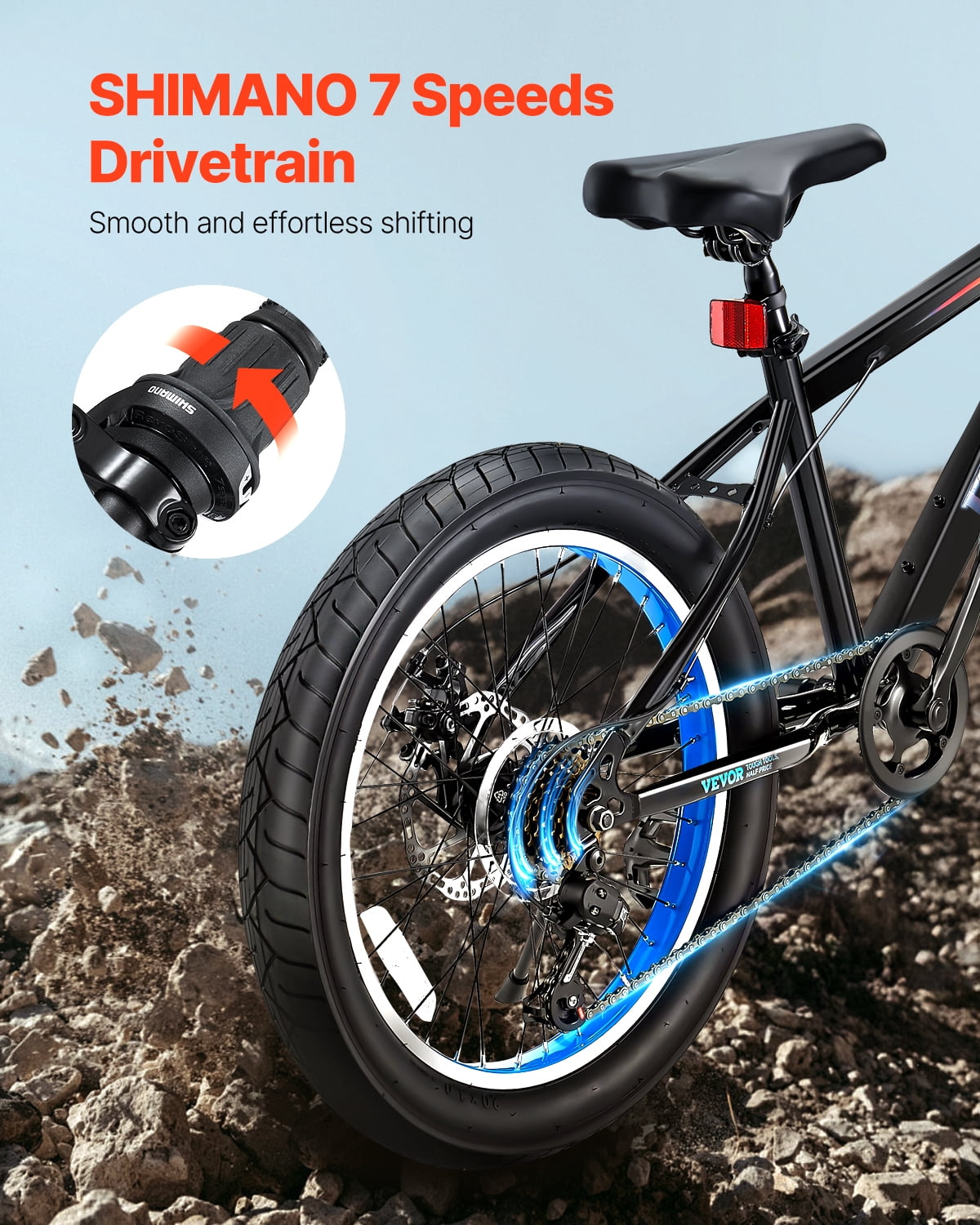 VEVOR Mountain Bike, 20 inch MTB Bicycle with 7 Speeds SHIMANO Twist Shifting, Comfort Saddle, Dual Disc Brakes, High Carbon Steel Frame, Fat Tire Sport Cycling Bicycle for Trail Snow