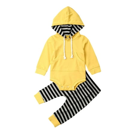 

Autumn Infant Baby Boy Clothes Hooded Tops Long Sleeve Romper Striped+Long Pants Pocket Outfits