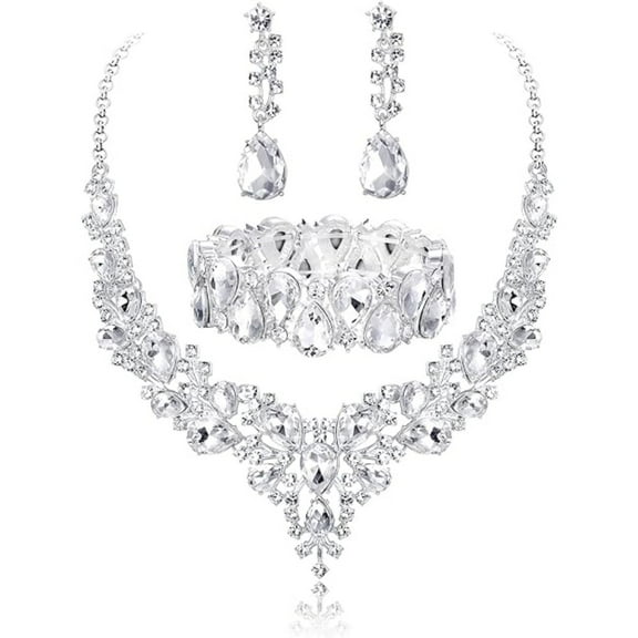 3-Piece Sparkling Crystal Bridal Jewelry Set with Swarovski Elements, Premium Rhodium Plating, Complete Necklace Earrings Bracelet Suite for Bride & Bridesmaid Wedding Party