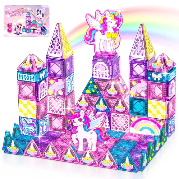 Travel Magnetic Tiles Set Unicorn Theme, 40 Pcs STEM Building Toys for Kids Ages 3-8, Unicorn Toy Gifts for 3 4 5 6 7 8 Year Old Girls