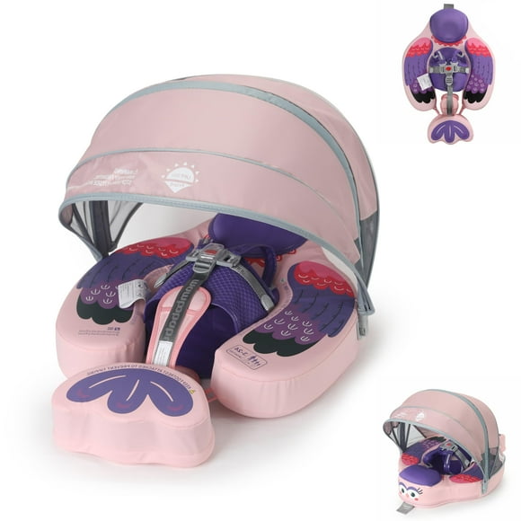 Upgraded Baby Pool Float Mambobaby Float with Canopy, Non-Inflatable Baby Floats for 3-24 Months, No Flip Over Swim Trainer for Infants (Bird-Purple)