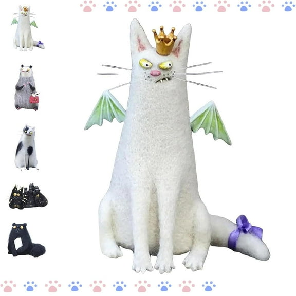 Wool Felt Familiars- Quirky Handmade Companions, Anxious Mother Opossum Handmade Wool Felt Big Big-Eyed Cat & Opossum Figurines, Unique Mini Animal Decor, Collectibles (C)