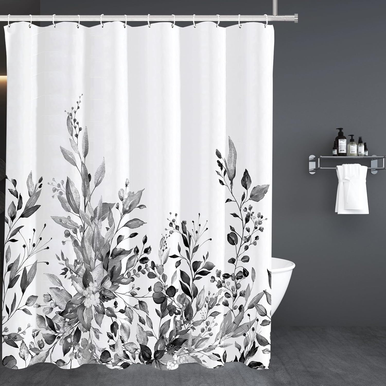 Black Eucalyptus Shower Curtain, Watercolor Grey Leaves Plant with Floral Bathroom Decoration Shower Curtain Sets 71x71 Inch with Hooks