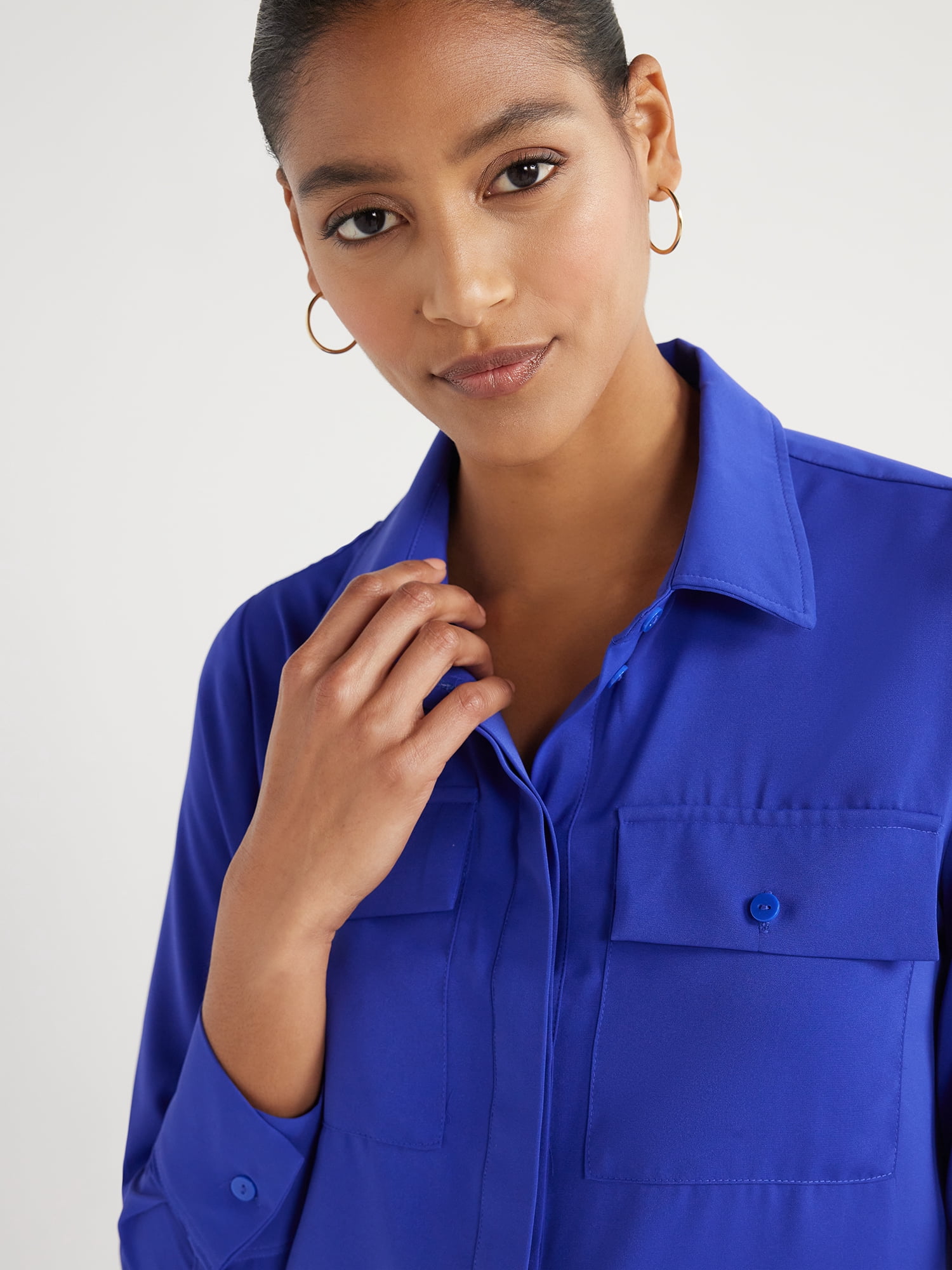 Scoop Women's & Women's Plus Button Down Blouse with Two Pockets, Sizes XS-4X