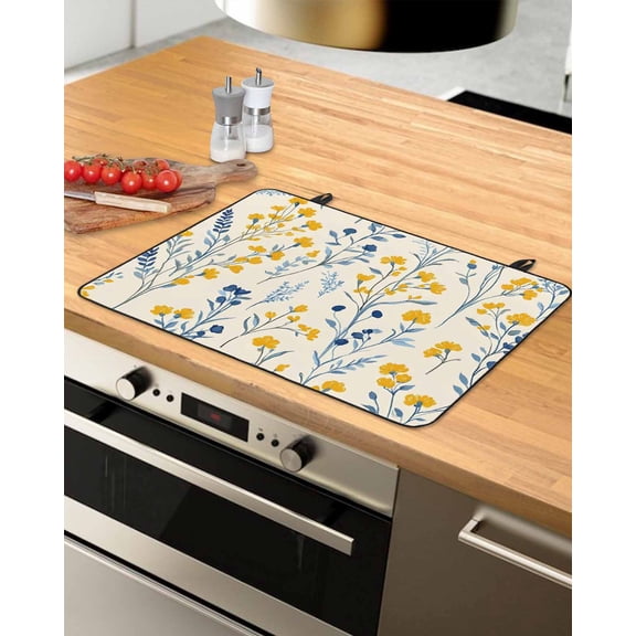 nqOlkjepod Large Induction Cooktop Protector Mat 31"x24", Blue Yellow Spring Floral Stove Top Covers for Electric Stove, Summer Blooms Botanicals Stove Burner Cover Mats, Glass Top Stove Cover